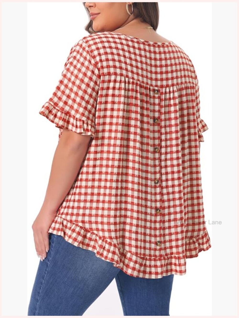 Plus Size Gingham Ruffle Sleeve Blouse 1950s Vintage Back Button Top